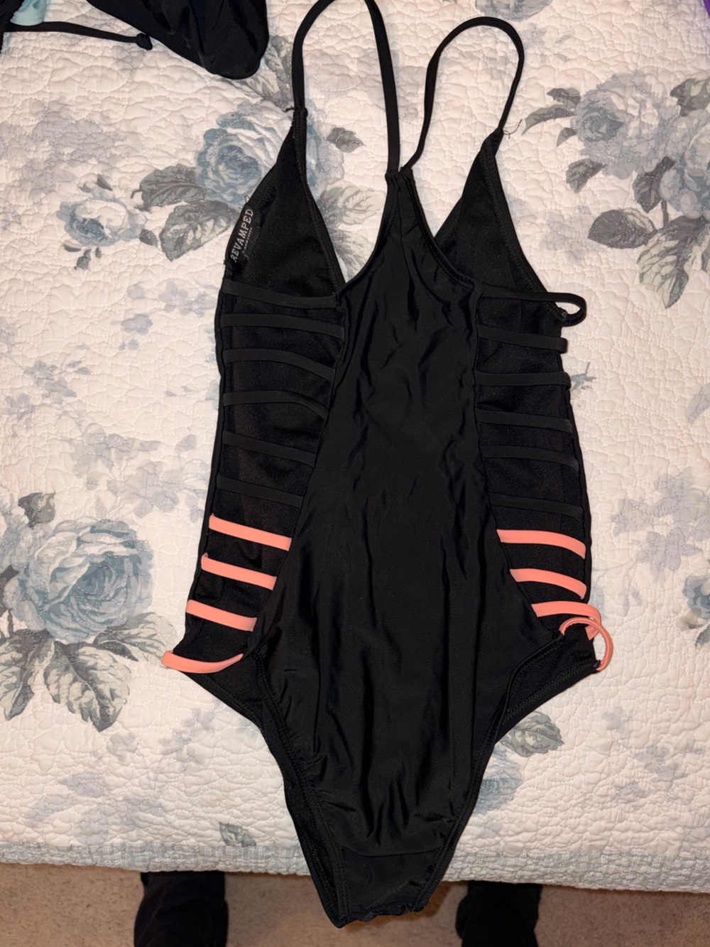 *BRAND NEW* ReVamped Small Black & Pink Strappy One Piece Bathing Suit